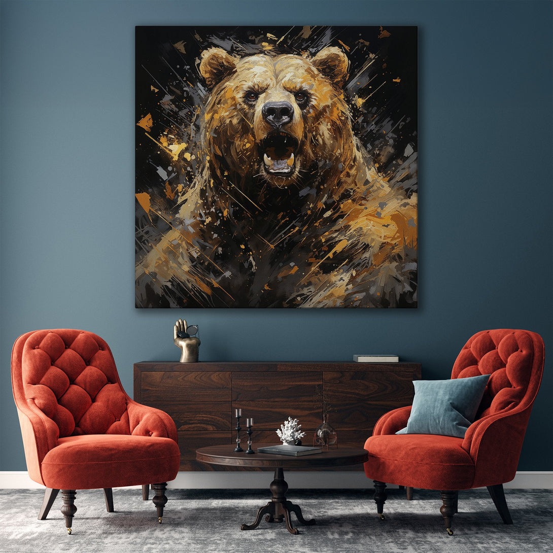 Framed Wall Art: Abstract bear portrait in brown and gold hues. Modern art decor for living room. Enhance your space with this stunning Canvas Print!