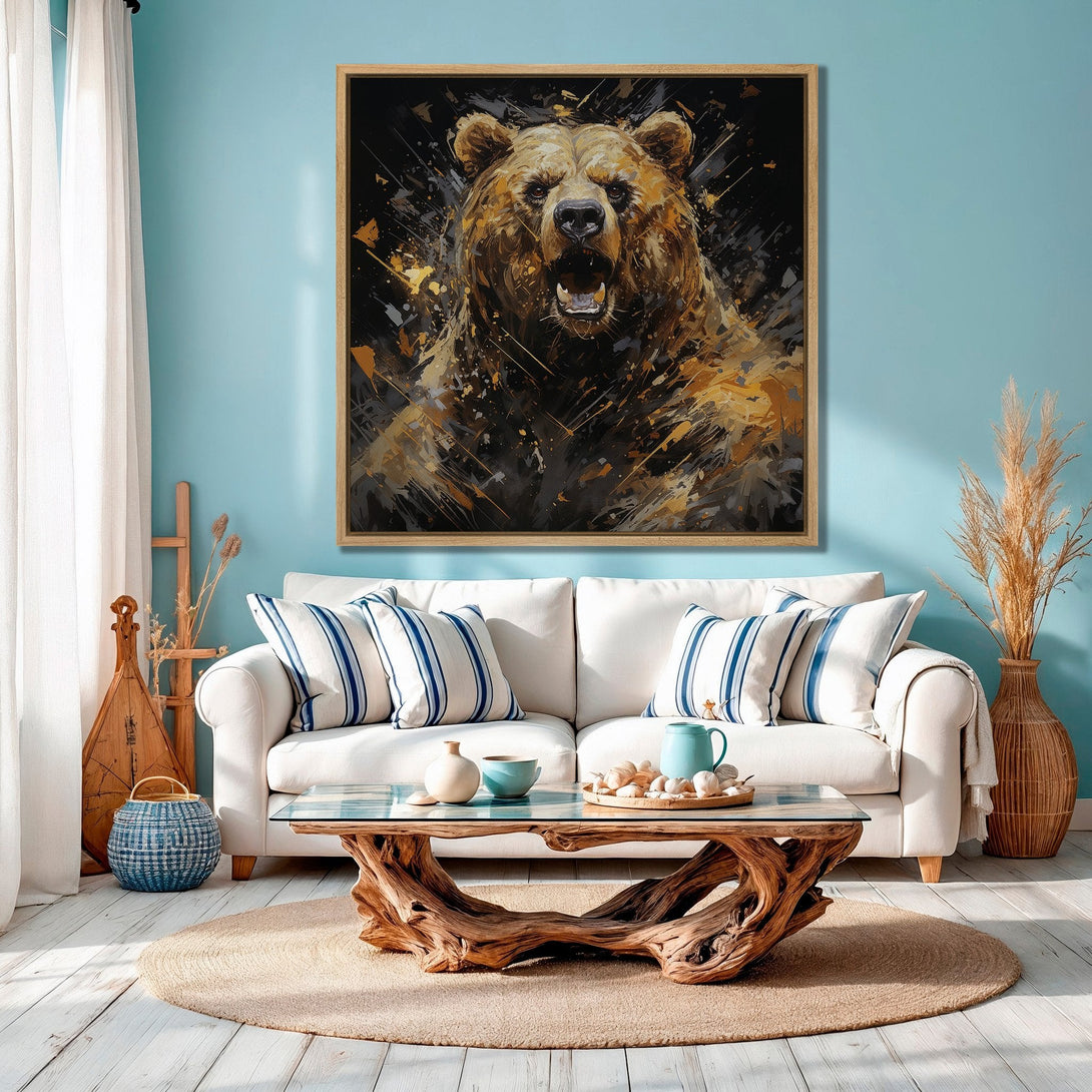 Framed Wall Art: Abstract bear portrait in brown, gold, and black. Modern canvas print adds a bold statement to any living room with a turquoise backdrop.