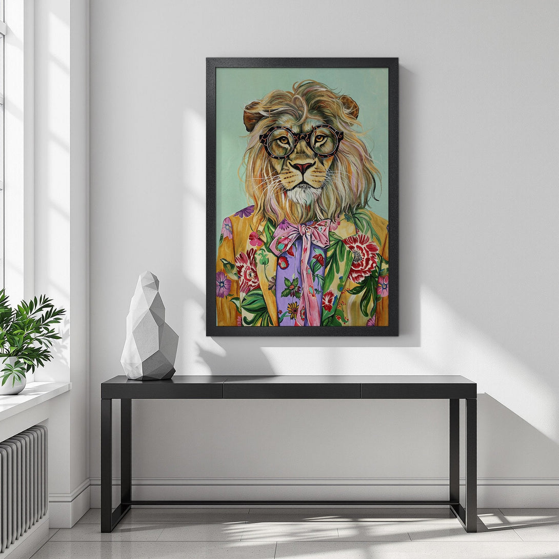 Framed Poster featuring a stylish lion wearing glasses and a floral jacket. Vibrant colors and a modern, artistic style. Perfect wall decor!