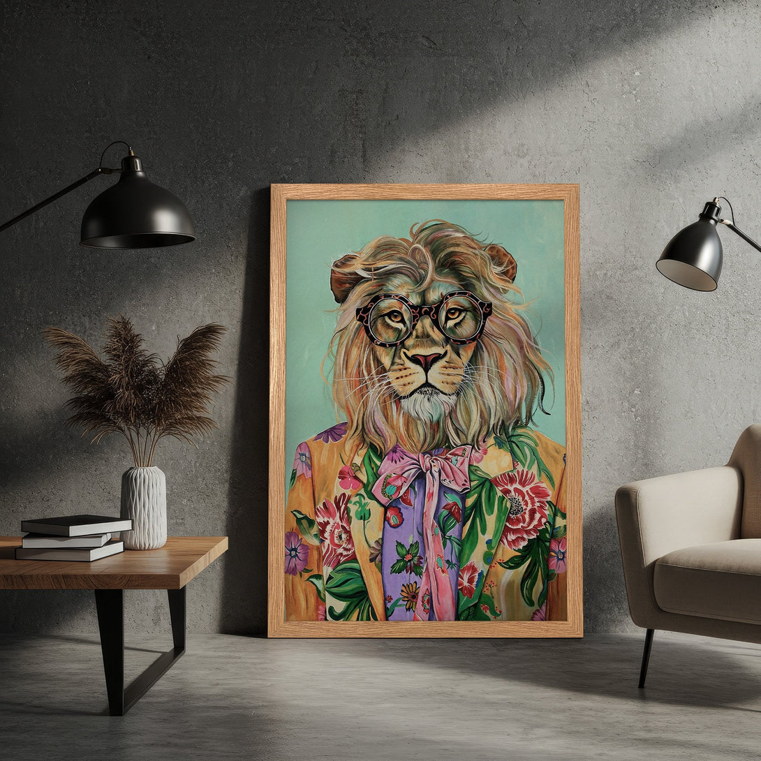 Framed Poster of a lion wearing glasses and floral suit. Vibrant colors, whimsical style, set against a neutral backdrop. Perfect wall art!