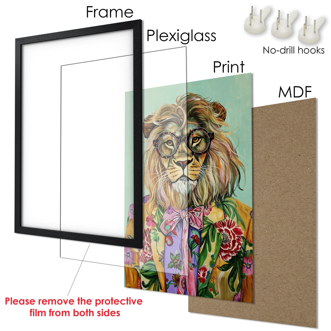 Framed Poster of a lion wearing glasses and a colorful shirt. Art print in a black frame, vibrant colors. Perfect wall decor!