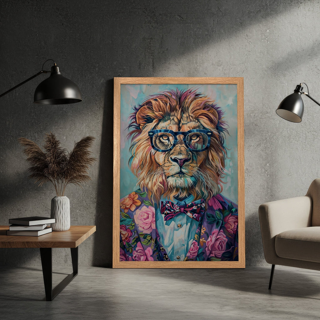 Framed Poster of a stylish lion in a floral suit. Vibrant, colorful artwork with a modern, artistic style. Perfect wall decor!