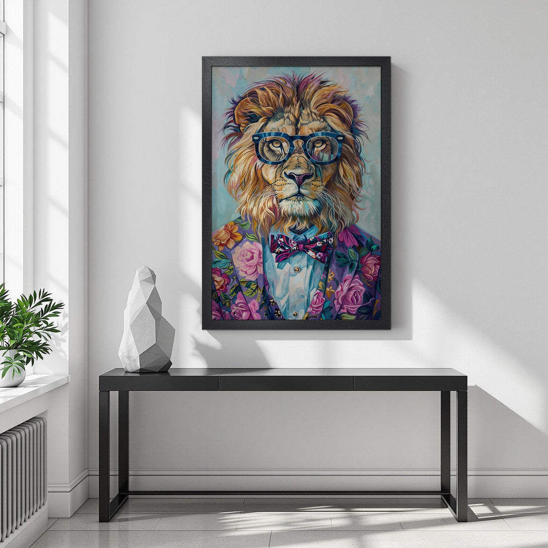 Framed Poster featuring a stylish lion in a floral suit, vibrant colors. Perfect wall art for a modern home.