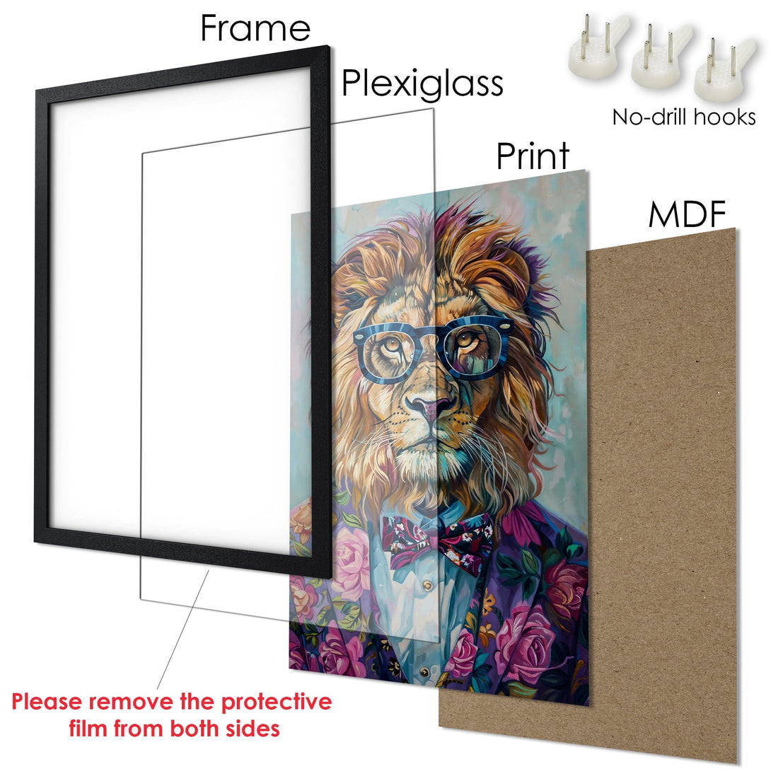 Framed Poster featuring a stylish lion in a colorful floral suit. The art style is painterly with a warm, vibrant color palette.