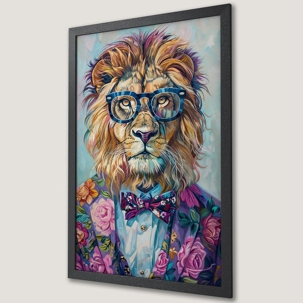 Framed Poster featuring a dapper lion in a floral suit, vibrant colors and whimsical style. Perfect art for your home!