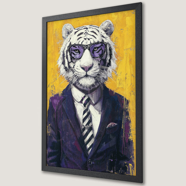 Framed Poster featuring a stylish tiger in a suit and sunglasses. Abstract art style with a yellow, purple, and black color palette. Add a touch of cool to your space!