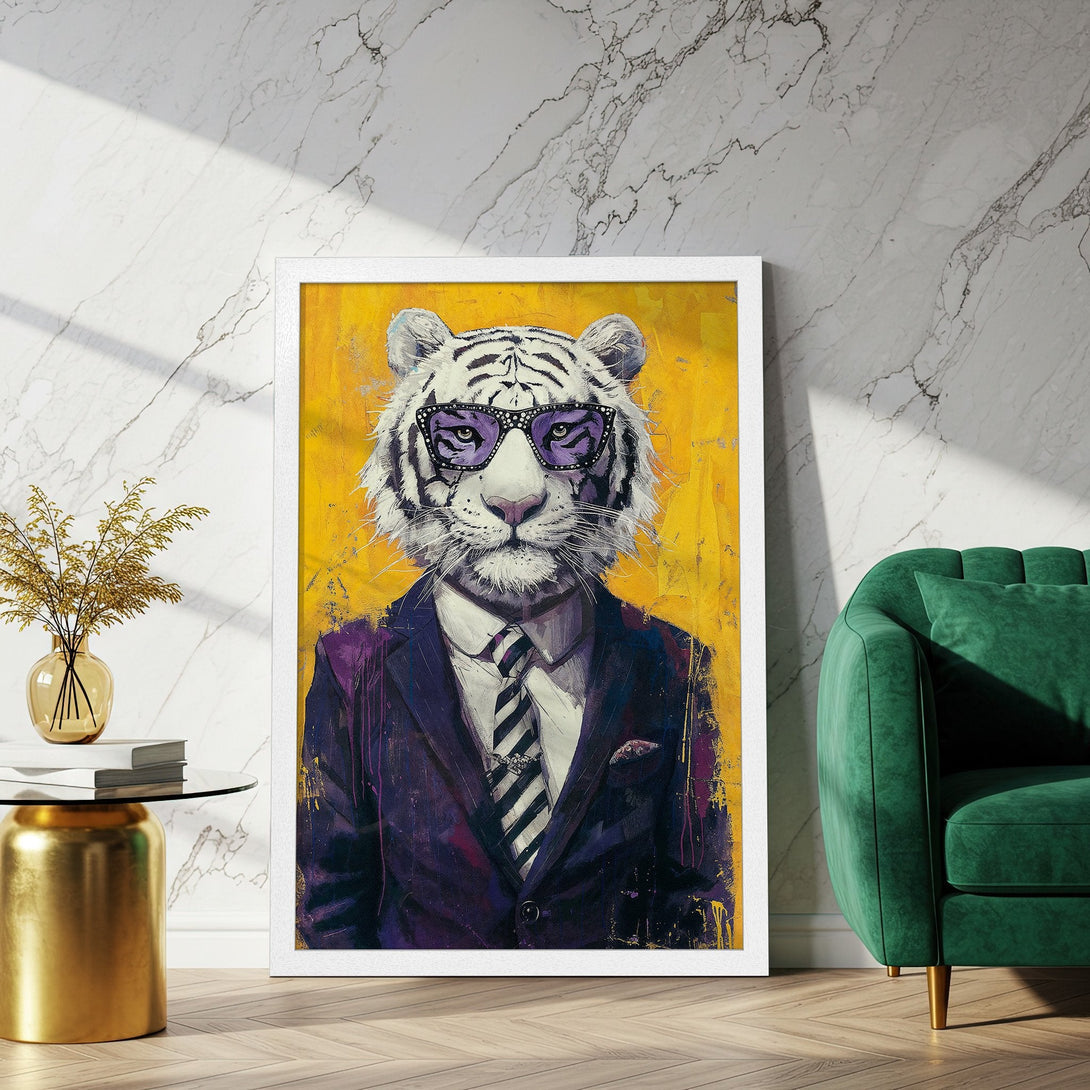 Framed Poster featuring a dapper tiger in a suit, vibrant yellow & purple color palette, perfect for modern decor.