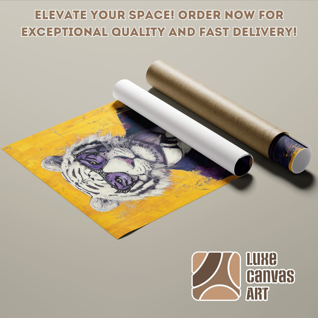 Poster Roll featuring a cool tiger with sunglasses, vibrant yellow and purple art. Order now!