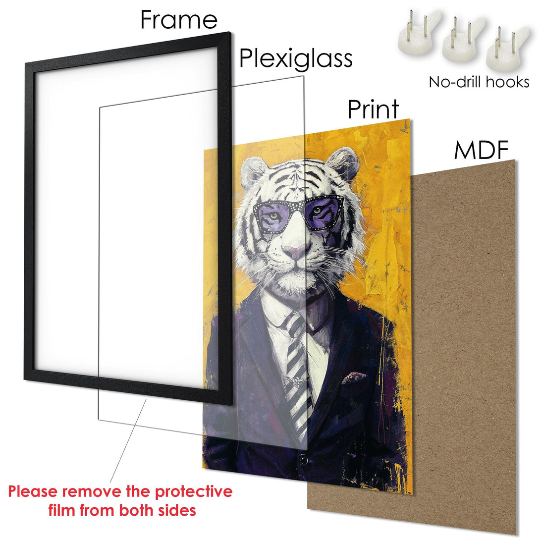 Framed Poster featuring a stylish tiger in sunglasses, vibrant yellow and purple palette. Perfect wall art for any room!