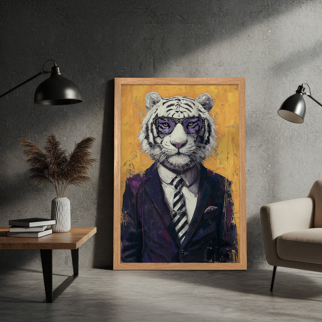 Framed Poster of a tiger in a suit, modern art style with yellow, purple, & black color palette. Add a touch of cool to your space!