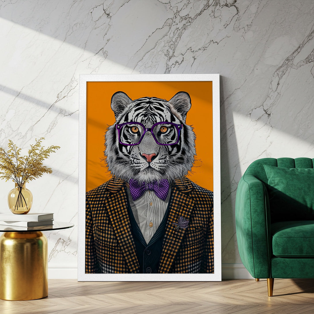Framed Poster featuring a dapper tiger in a suit, vibrant orange backdrop, and purple accents. Modern art with a stylish color palette. Shop now!