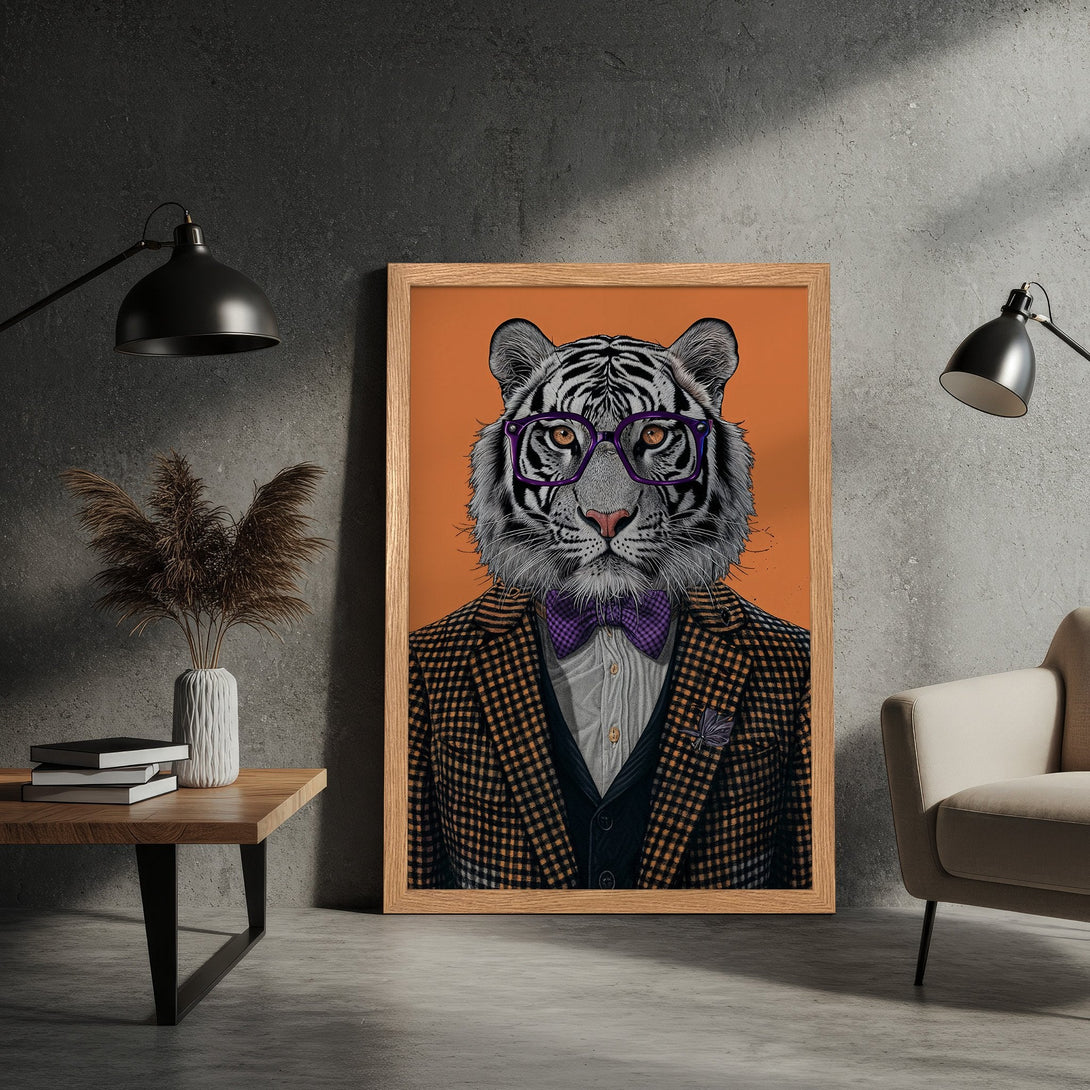 Framed Poster featuring a dapper tiger in a suit, stylish illustration with a warm orange and neutral color palette. Perfect wall art!