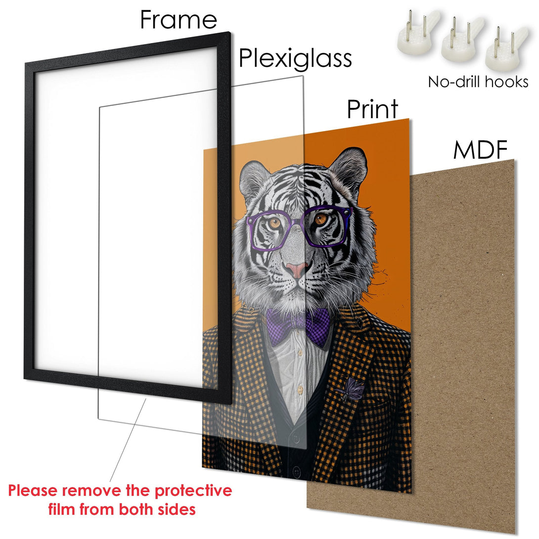 Framed Poster: Hipster tiger art print in black frame. Orange, purple, & yellow color palette. Modern wall art.