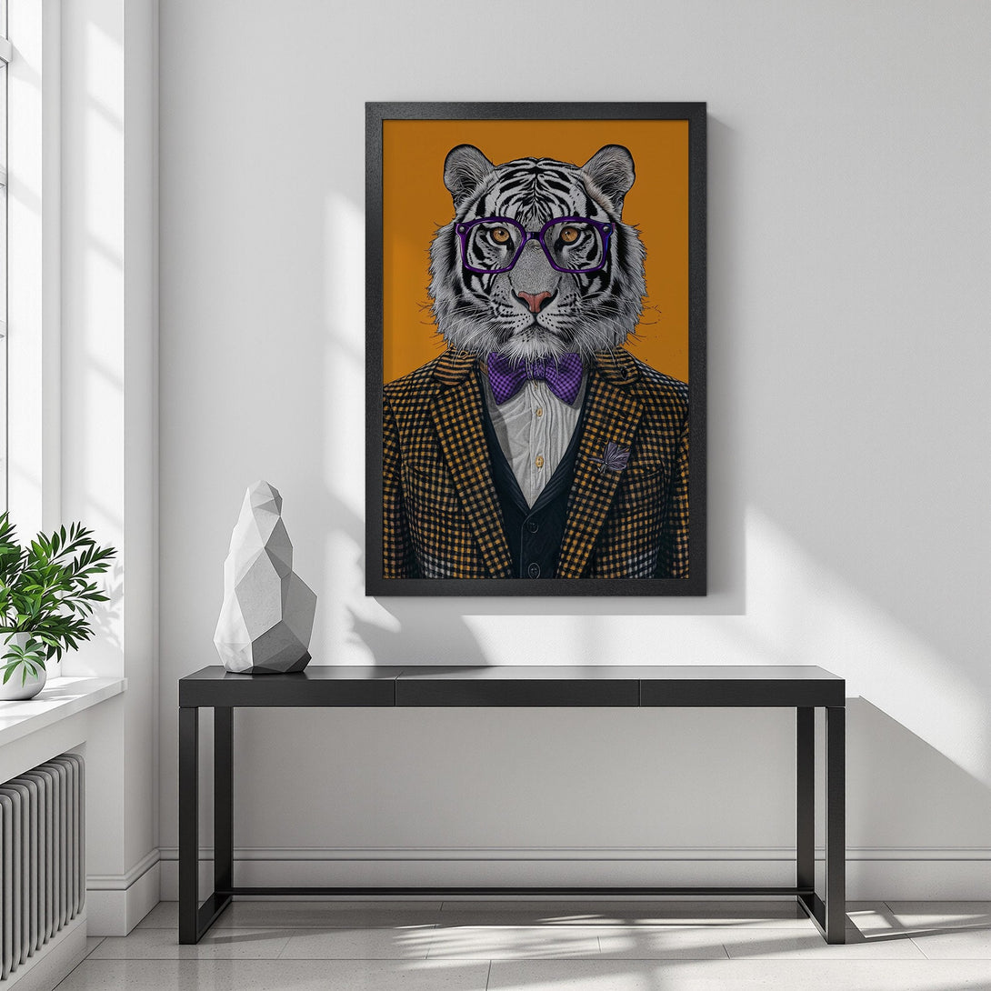 Framed Poster featuring a dapper tiger in a suit, vibrant colors on a warm background. Modern art for your home!