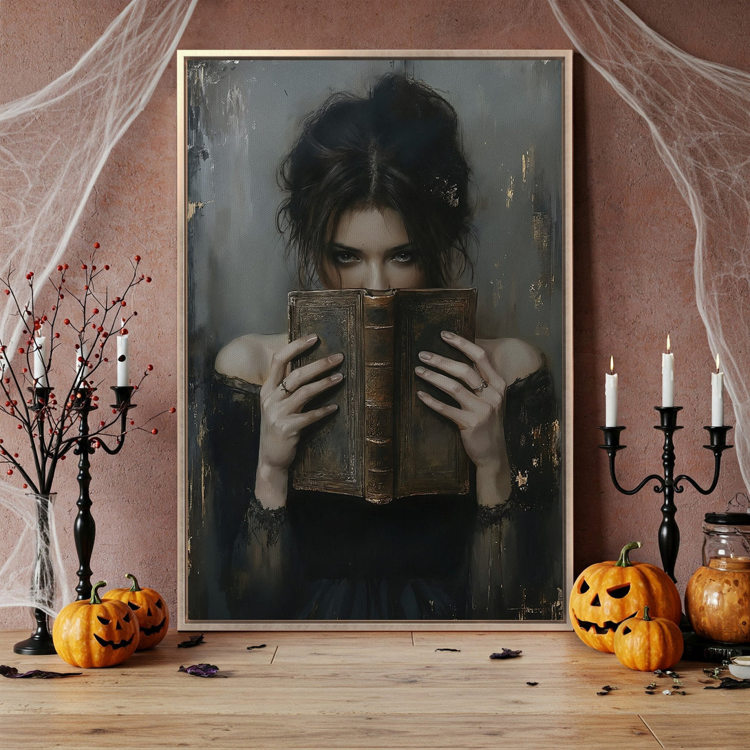 Framed Wall Art: Gothic woman with a book, dark and moody style, with a muted color palette. Perfect Halloween decor!