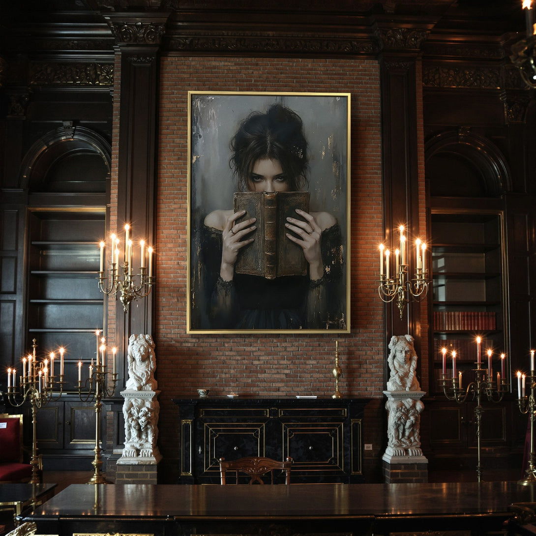 Canvas Print of a woman reading, moody oil painting style, dark gray and gold color palette, perfect for Halloween decor.