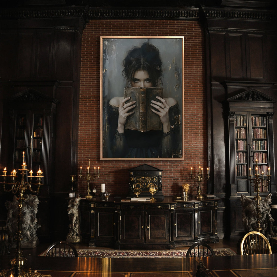 Framed Wall Art: Moody portrait of woman with book in a dark, elegant interior. Features a muted color palette with hints of gold and brick.
