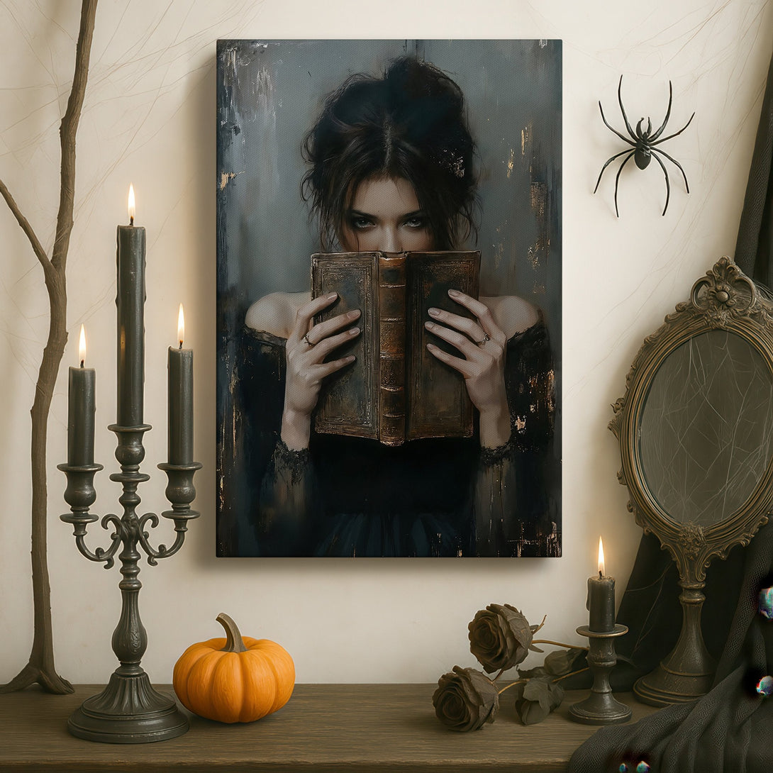 Framed Wall Art featuring a woman reading a book, in a mysterious, dark, and moody style. Earthy tones and elegant interior design.