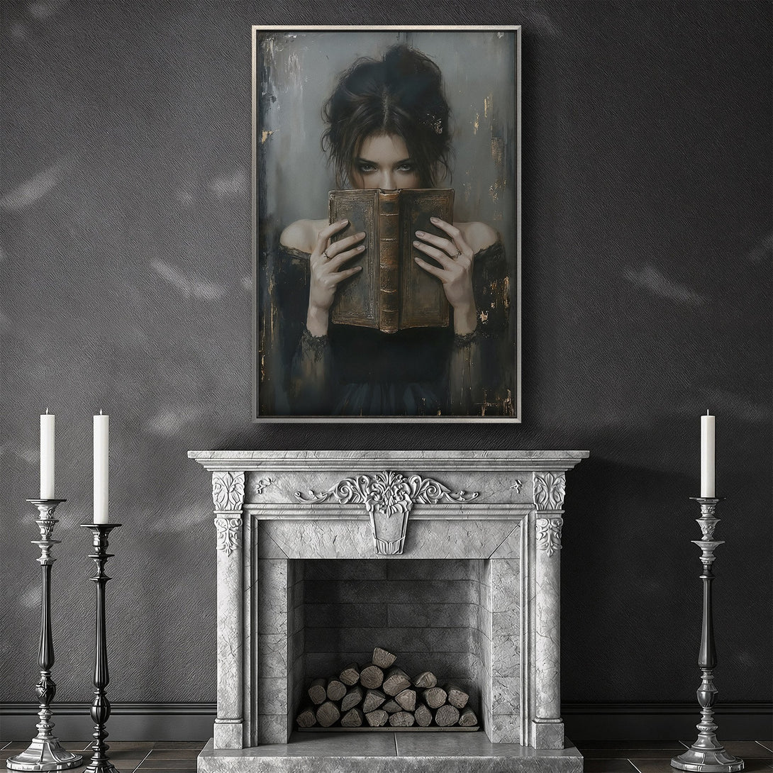 Framed Wall Art featuring a woman reading, in a moody, dark palette. Perfect for adding a touch of elegance to any room.