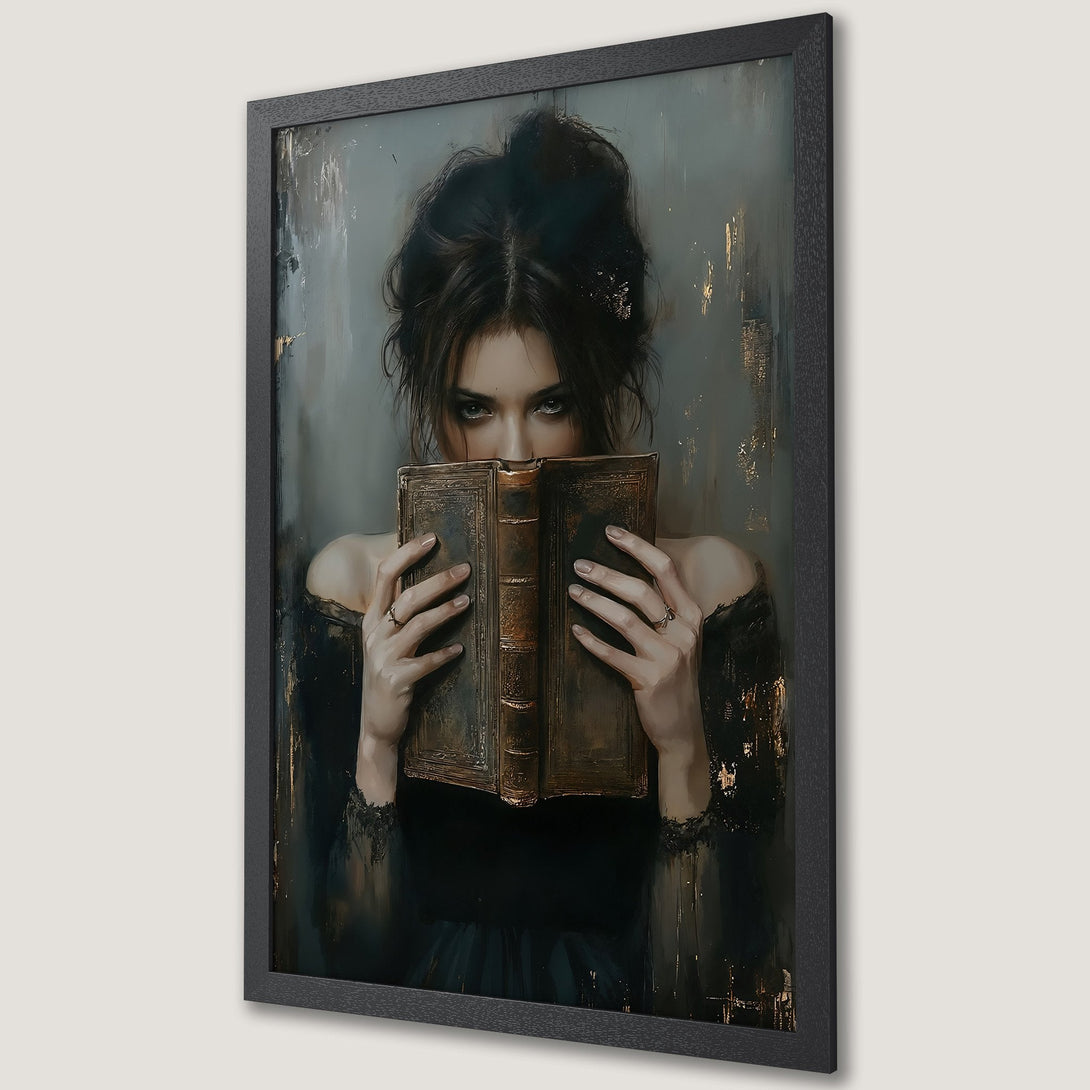 Framed Poster featuring a woman with a book, artistic style, dark & gold color palette. Perfect for wall decor!
