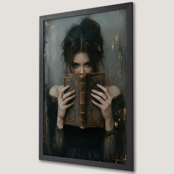 Framed Poster featuring a woman with a book, artistic style, dark & gold color palette. Perfect for wall decor!