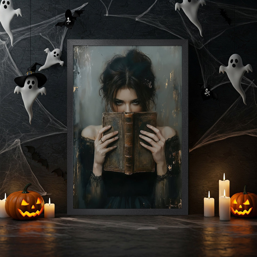 Framed Poster featuring a woman with a book, gothic style, dark & gold color palette, perfect for Halloween decor.
