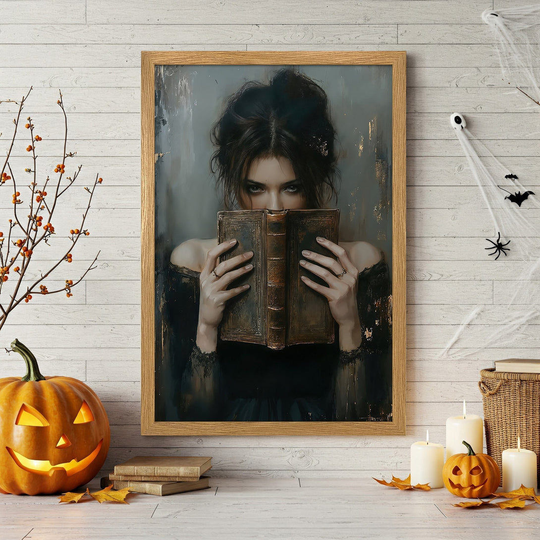 Framed Poster: Gothic woman reading a book, dark art style, moody gray and gold palette. Perfect Halloween decor!