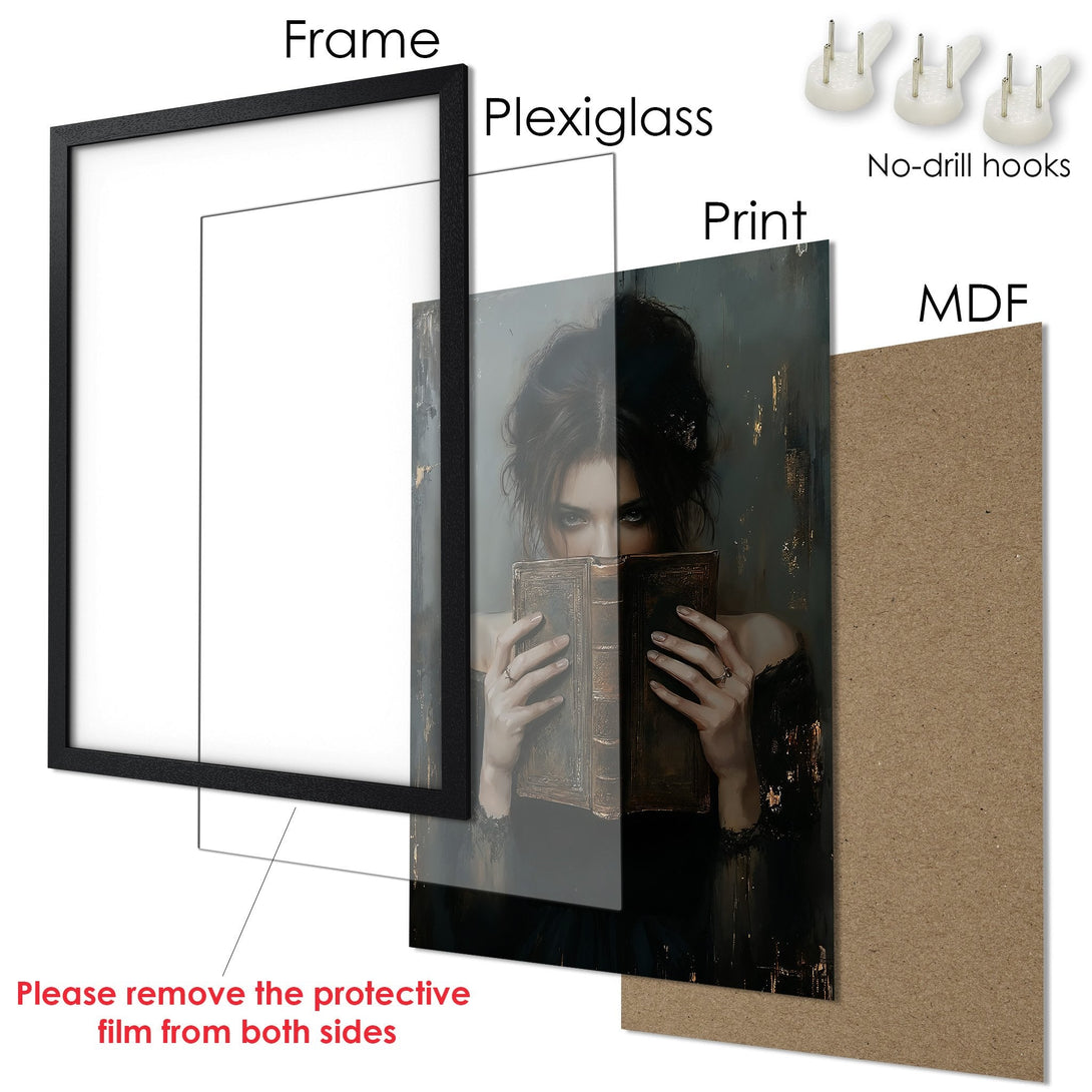 Framed Poster featuring a woman reading, with a dark, artistic style and a muted color palette. Perfect wall art!