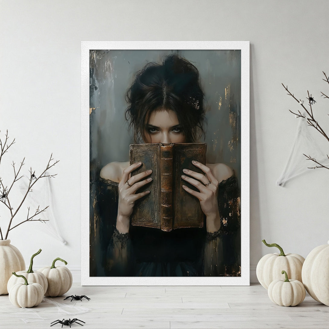 Framed Poster featuring a woman reading, dark & moody art style. Grays, blacks, and gold color palette. Perfect gothic decor.