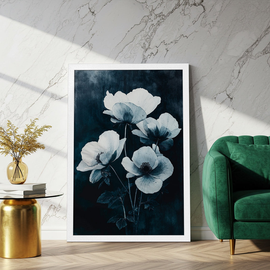 Framed Poster featuring elegant white flower art. Dark teal and white color palette, perfect for modern home decor. Shop the Poster now!