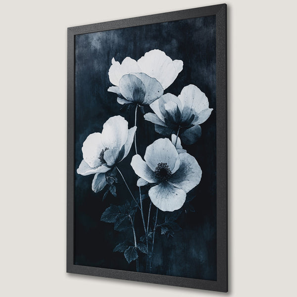 Framed Poster featuring elegant white flower art on a dark blue background. Modern floral print for home decor.