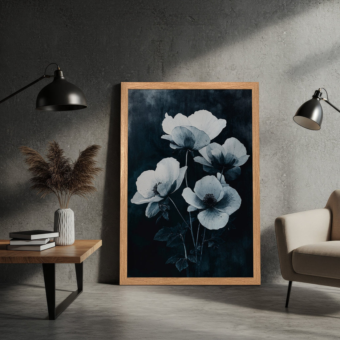 Framed Poster featuring elegant floral art in a moody, grayscale palette. Perfect for adding a touch of sophistication to your space.