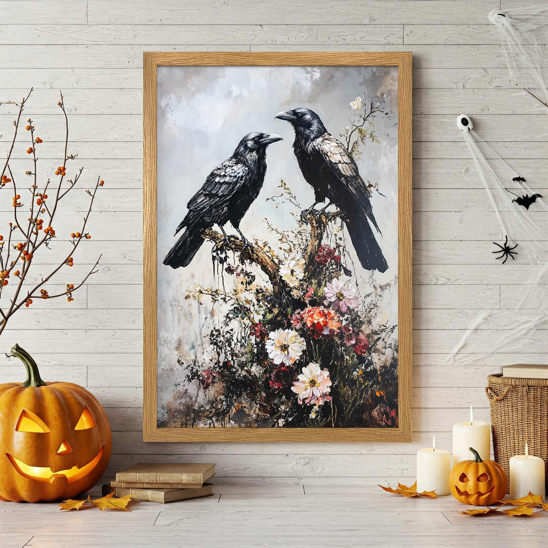 Framed Poster featuring two black crows on a floral branch, painted in an impressionistic style with a muted color palette perfect for Halloween decor.