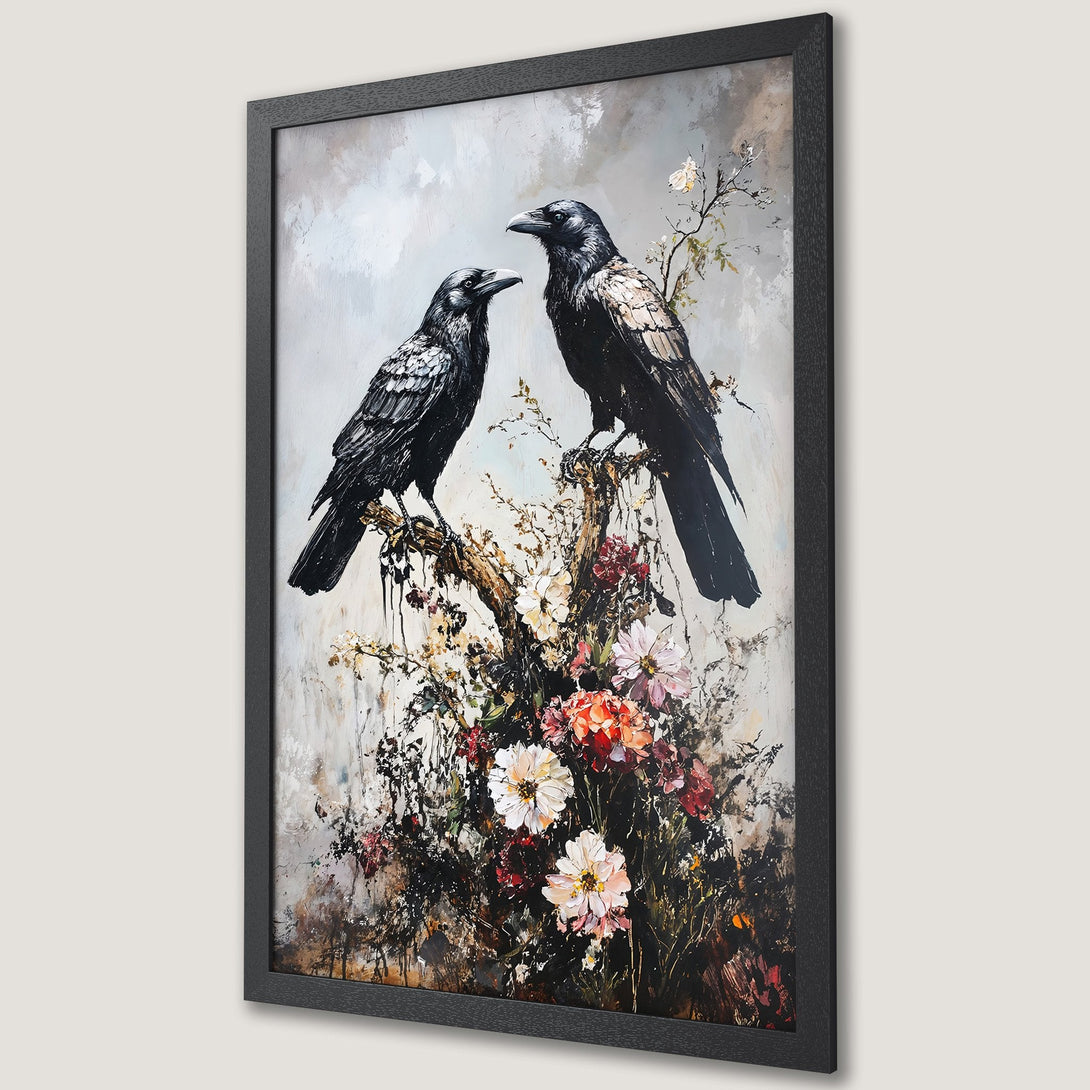 Framed Poster featuring two ravens on a floral branch. Artistic style with a muted color palette of black, white, and earthy tones. Perfect wall art!