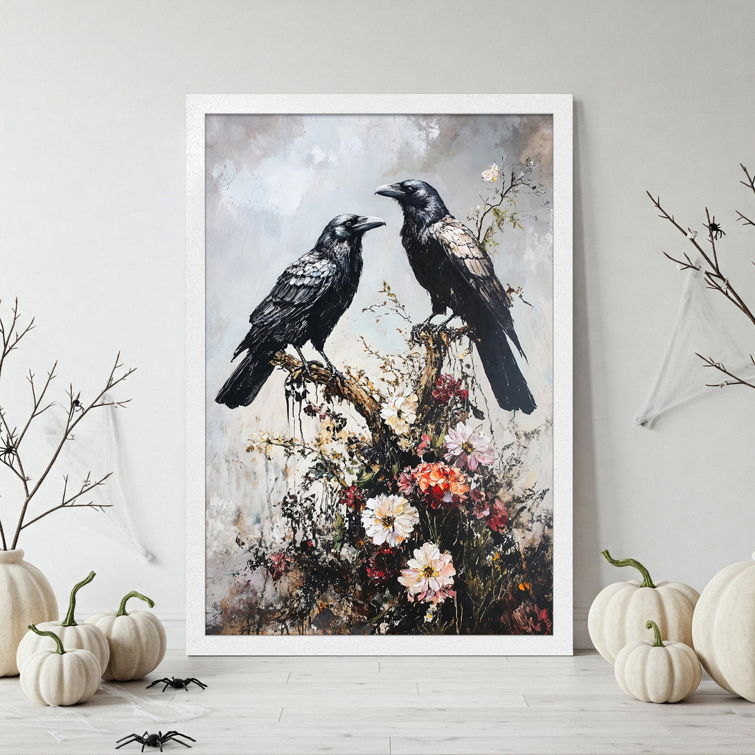 Framed Poster featuring two black crows on a floral branch, in a painterly style with a neutral and autumnal color palette. Perfect for Halloween decor!