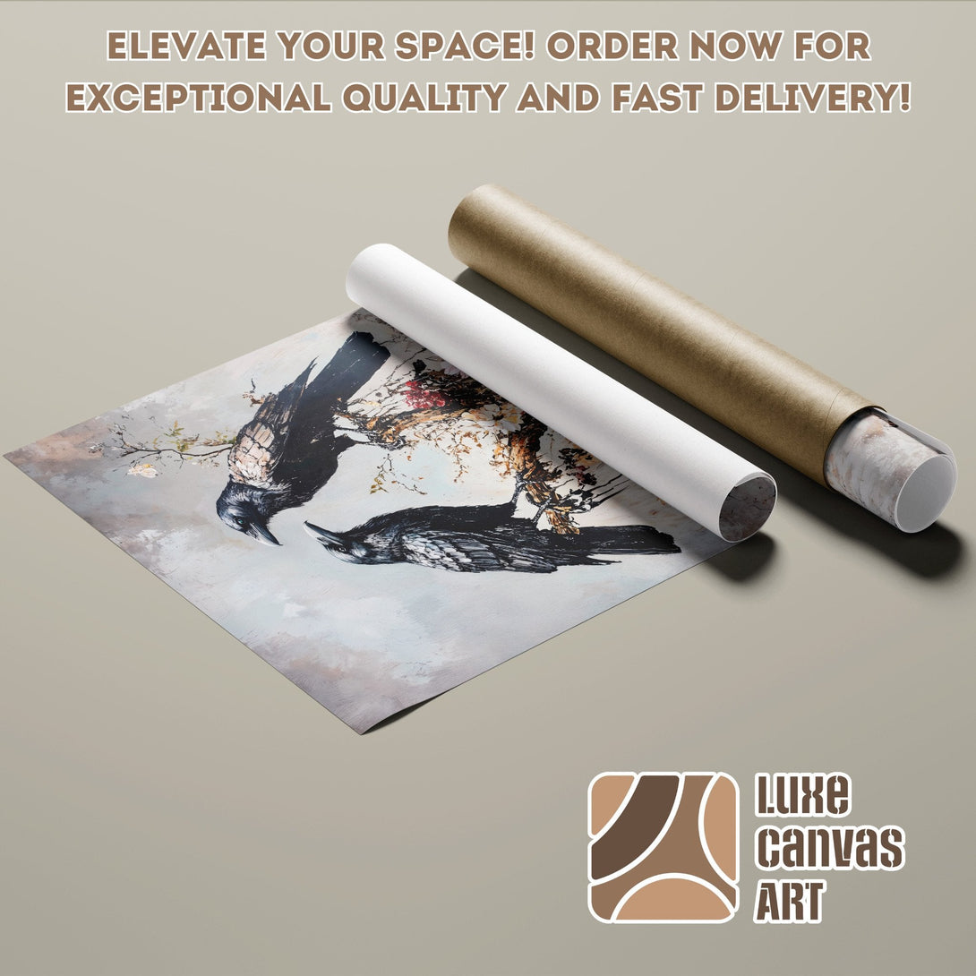 Poster Roll featuring a crow painting in muted tones. Elevate your space with this stunning art!