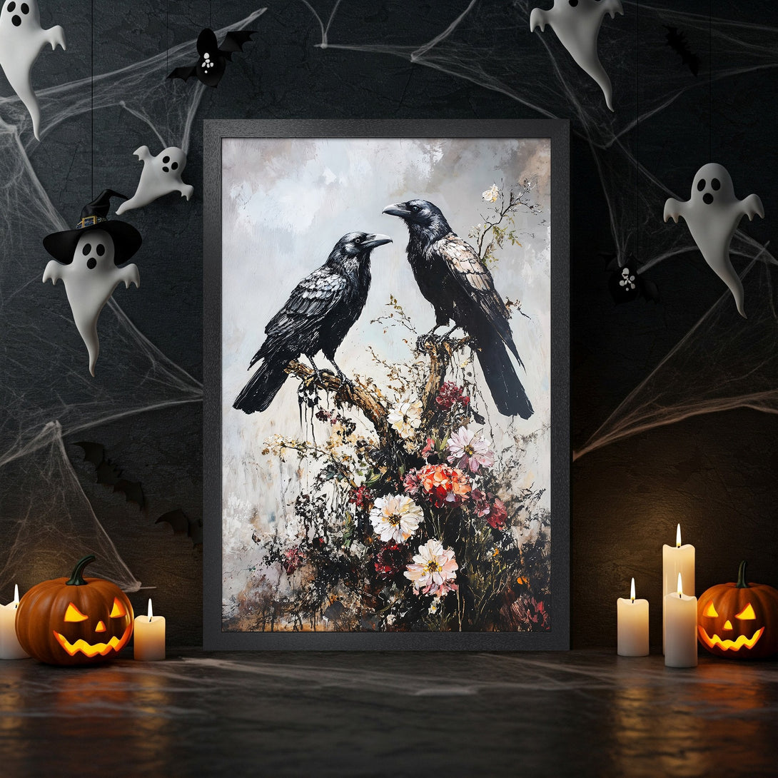 Framed Poster featuring two ravens on a floral branch, with a moody, painterly style and a dark, autumnal color palette. Perfect Halloween decor!