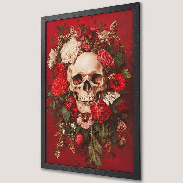 Framed Poster featuring a skull surrounded by vibrant red flowers. Gothic art style with a dramatic red and white color palette.