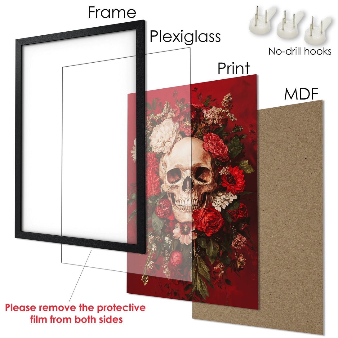 Framed Poster featuring a skull and floral design in a dark red and white color palette. Gothic art style, ready to hang.