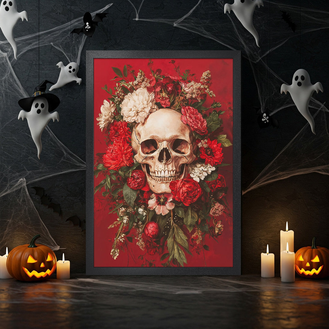 Framed Poster of skull with flowers, dark gothic style, red & black color palette, perfect for Halloween decor.