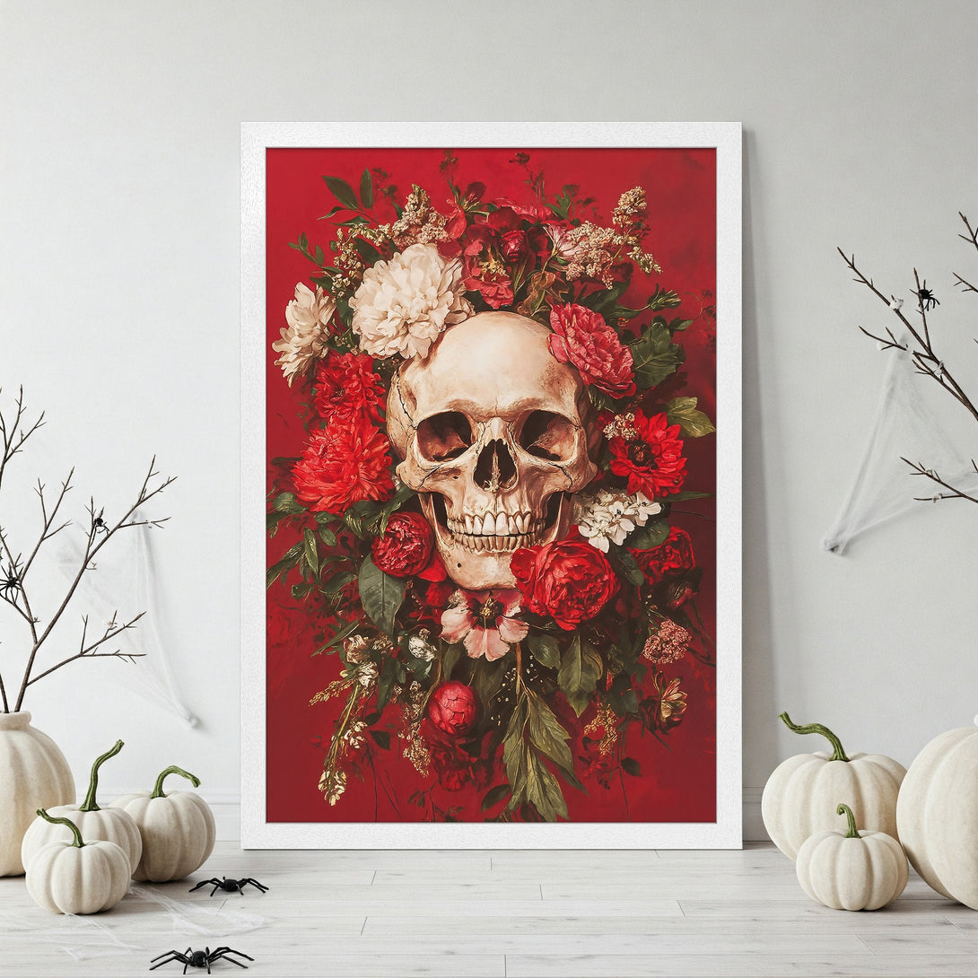 Framed Poster featuring a skull and floral arrangement, gothic style, red and white color palette, perfect for Halloween decor.