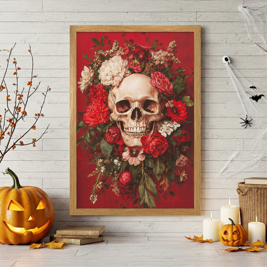 Framed Poster featuring a skull and floral design with a red background. Gothic style art with a dark, moody color palette. Perfect Halloween decor.