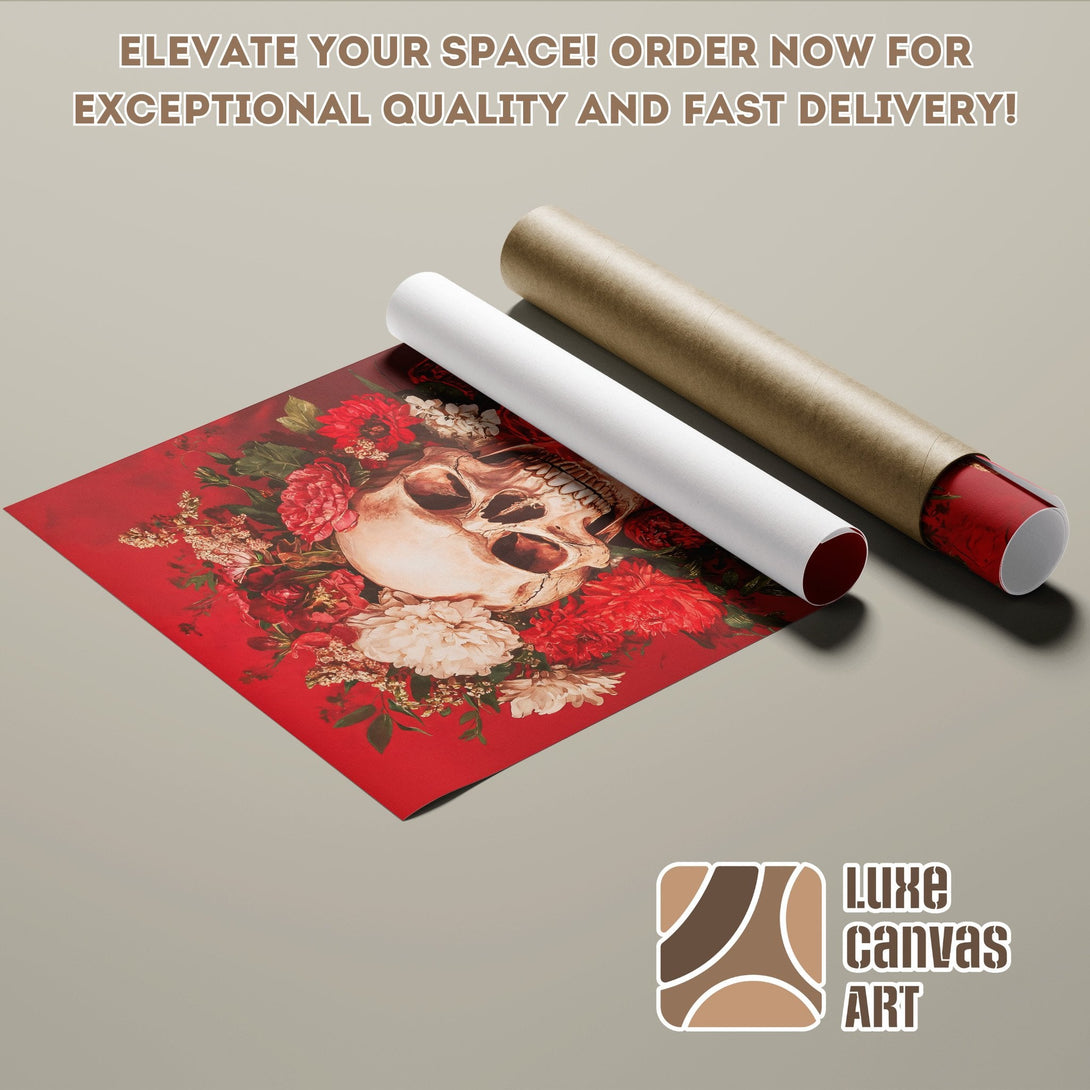 Poster Roll featuring a skull and floral design in a red and neutral color palette. Elevate your decor!