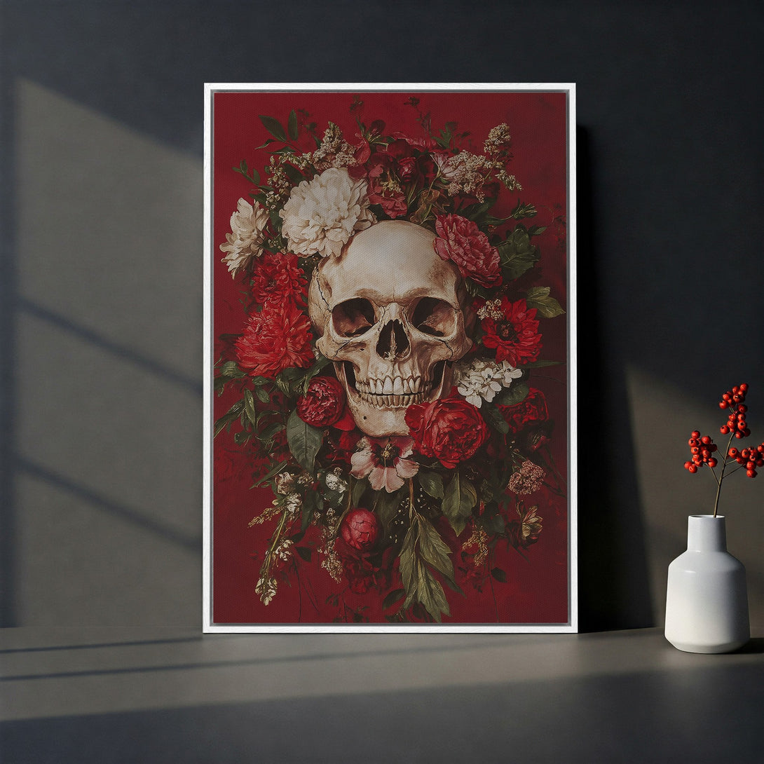 Framed Wall Art: Skull and floral Canvas Print in a gothic style, featuring a red and dark color palette. Perfect for unique home decor!