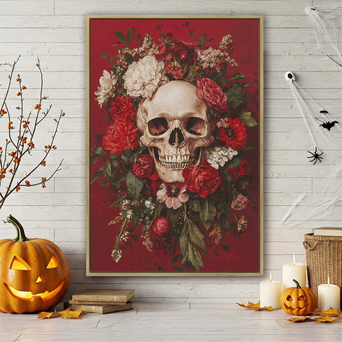 Framed Wall Art: Gothic skull Canvas Print with floral arrangement in a moody red and cream palette. Perfect Halloween decor!