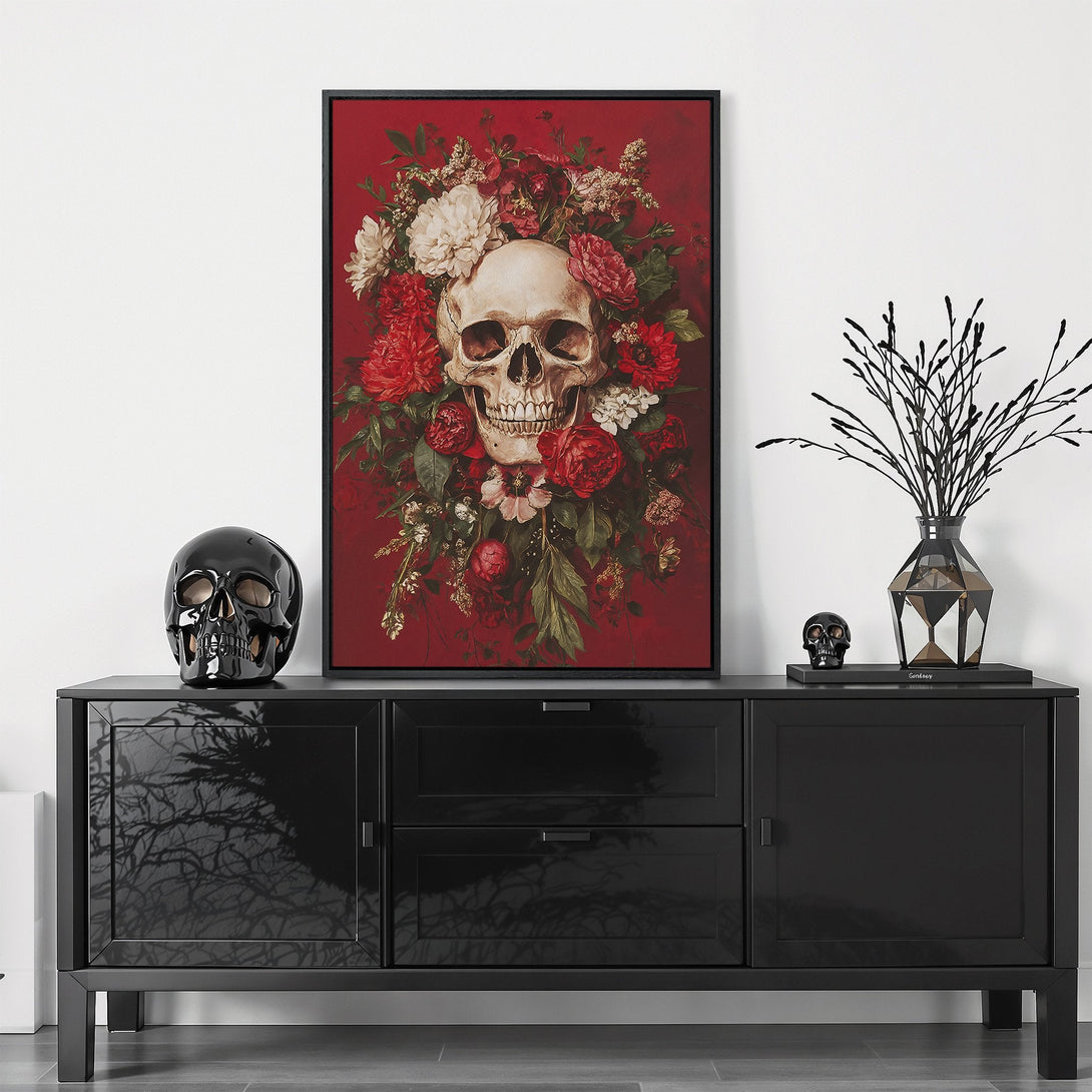 Framed Wall Art featuring a skull surrounded by flowers, in a dark, gothic style with a red and floral color palette. Perfect for unique home decor.