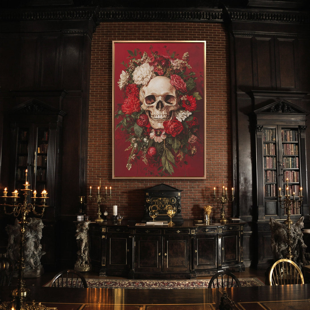 Framed Wall Art: Skull with floral crown in a dark, gothic interior. Red, white, and dark green color palette. Perfect for a unique home decor statement.