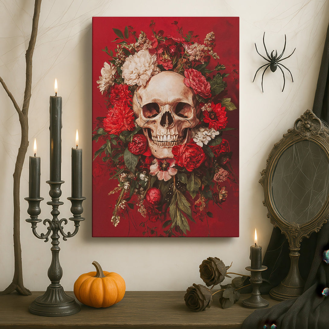 Framed Wall Art: Gothic skull with floral crown in a dramatic interior. Dark, moody color palette with red, white, and black accents. Elevate your space!