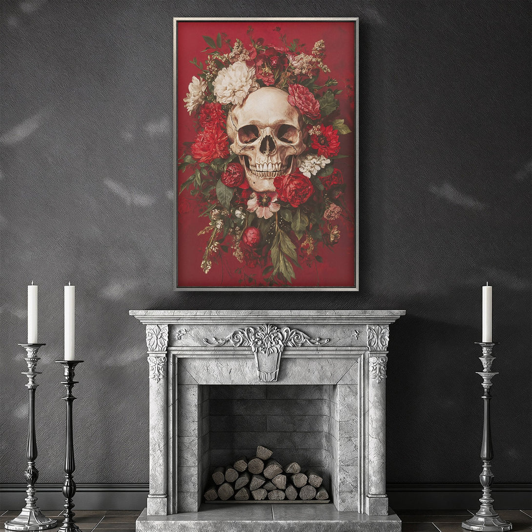 Framed Wall Art: Skull & flowers canvas print in a gothic style, featuring a red and neutral color palette. Perfect for adding a touch of dark elegance.