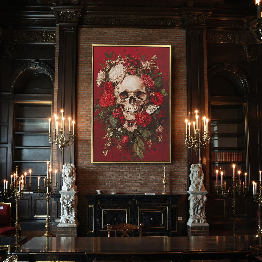 Canvas Print: Floral skull art in a gothic style with a bold red and cream color palette, perfect for Halloween decor.